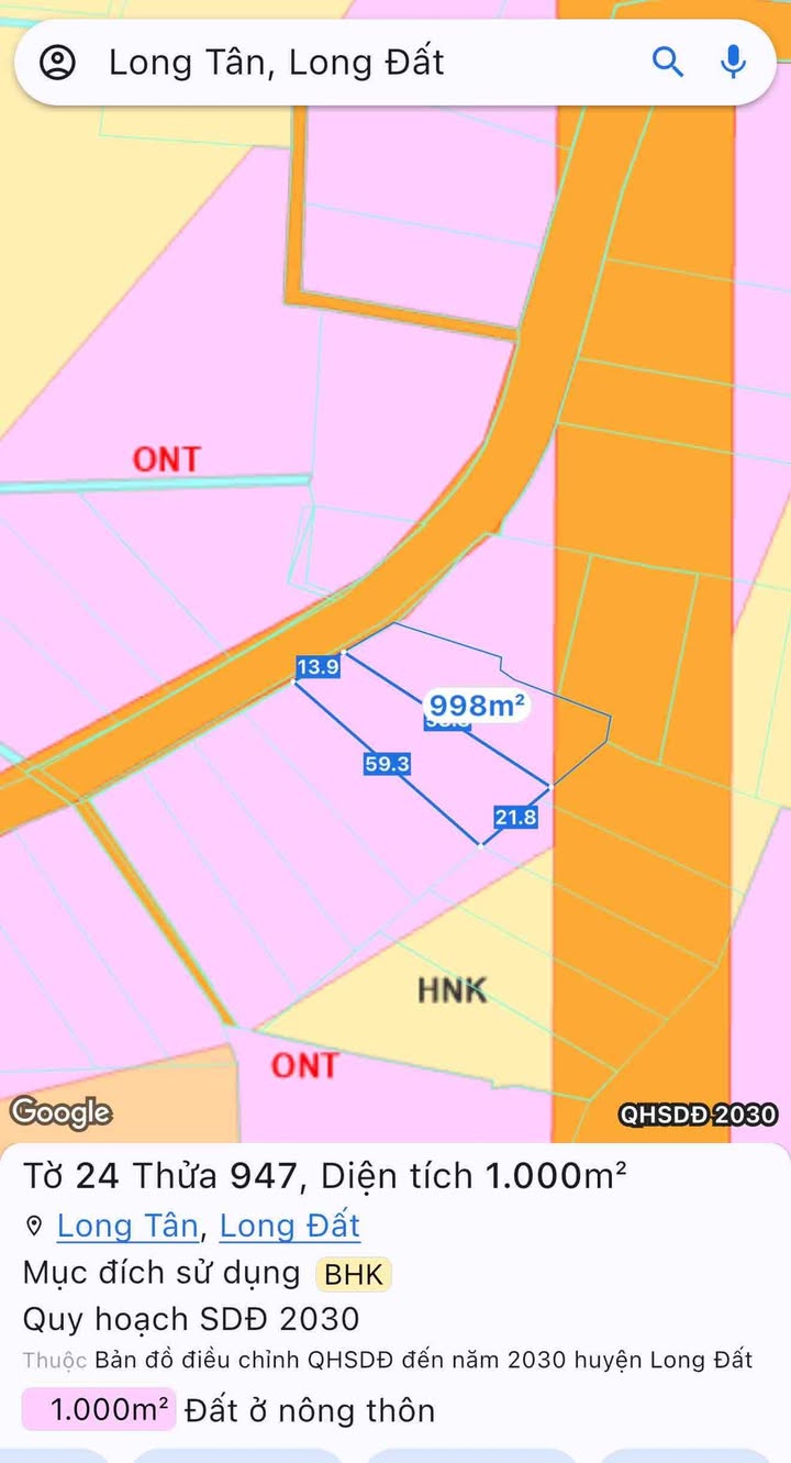 Đất nền Long Tân 1000m² giá 2 tỷ - Nở hậu dễ xây dựng!