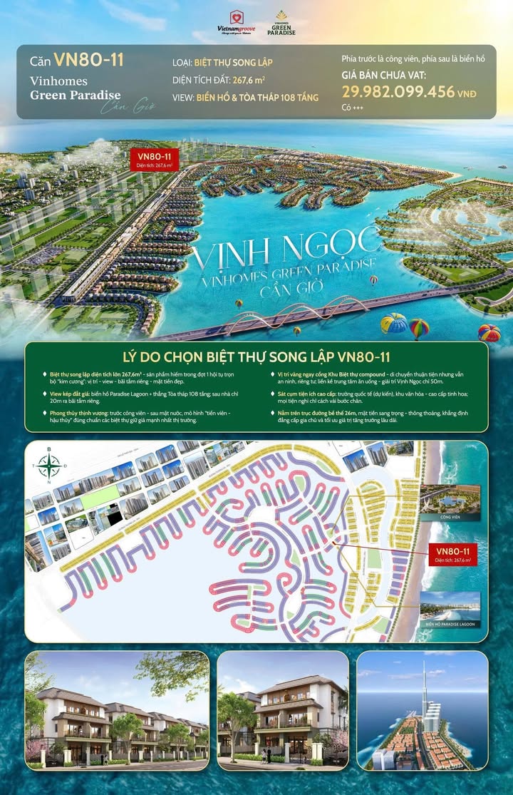 Biệt thự song lập Vinhomes Green Paradise Cần Giờ 267m² giá 29.98 tỷ - Cơ hội đầu tư tuyệt vời!