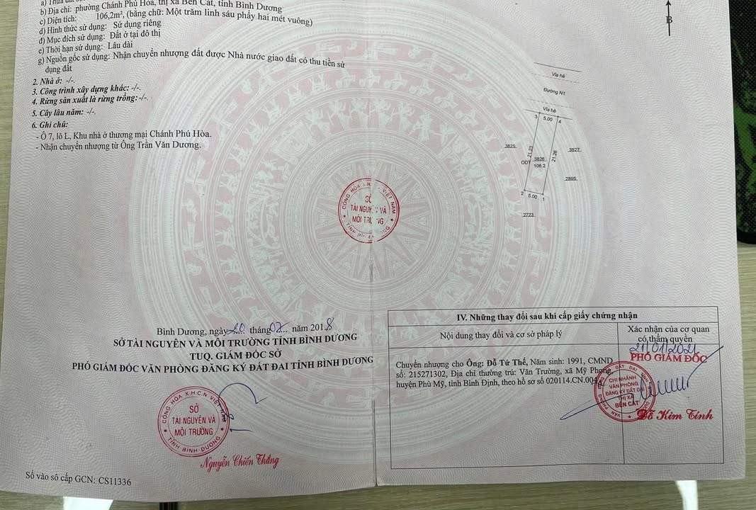 Đất nền phường Chánh Phú Hòa Bến Cát 106m² giá 1.8 tỷ - Sổ đỏ chính chủ