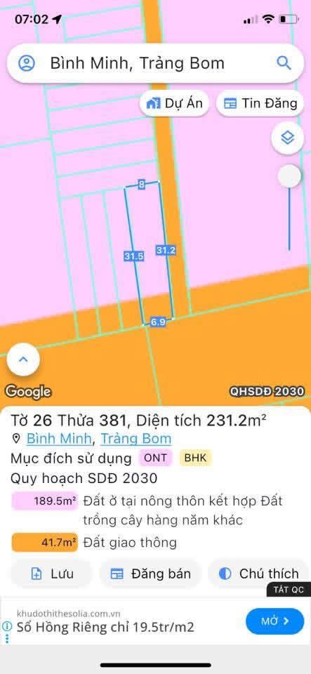 Đất nền 2 mặt tiền Bình Minh, Trảng Bom, Đồng Nai 213.9m² giá 1.5 tỷ - Cơ hội đầu tư tuyệt vời!