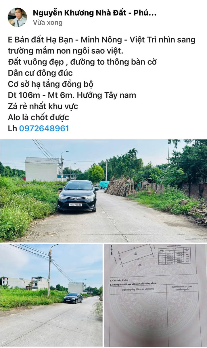Đất Hạ Bạn - Minh Nông - Việt Trì 98m² giá thỏa thuận - Đất vuông đẹp, dân cư đông đúc!