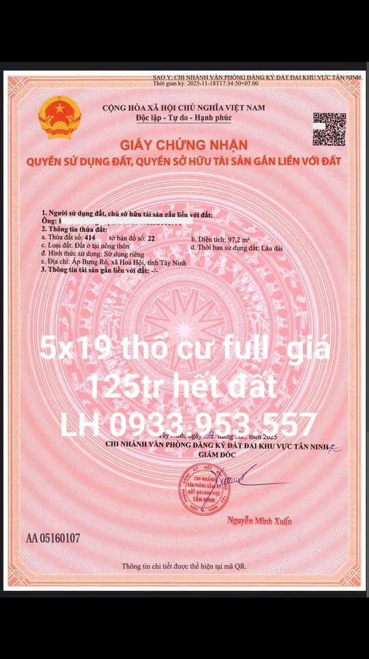 Đất thổ cư ấp Bưng Rò, Hòa Hội 95m² chỉ 125 triệu - Sổ đỏ chính chủ!