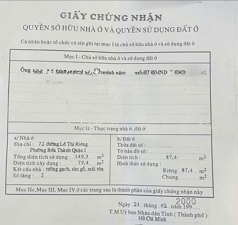 Nhà mặt tiền Lê Thị Riêng Quận 1 102m² giá 17 tỷ - Không quy hoạch, hoàn công đầy đủ!