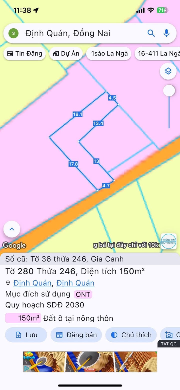 Đất thổ cư 150m² mặt tiền đường bê tông xã Gia Canh chỉ 200 triệu - Cơ hội đầu tư tuyệt vời!