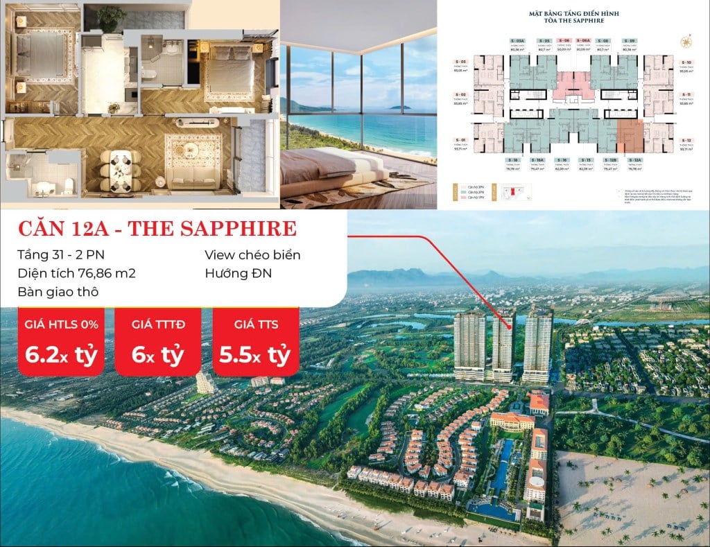 Căn hộ 2PN tầng 31 The Sapphire Đà Nẵng 76,86m² giá chỉ 5.5 tỷ - View biển tuyệt đẹp!