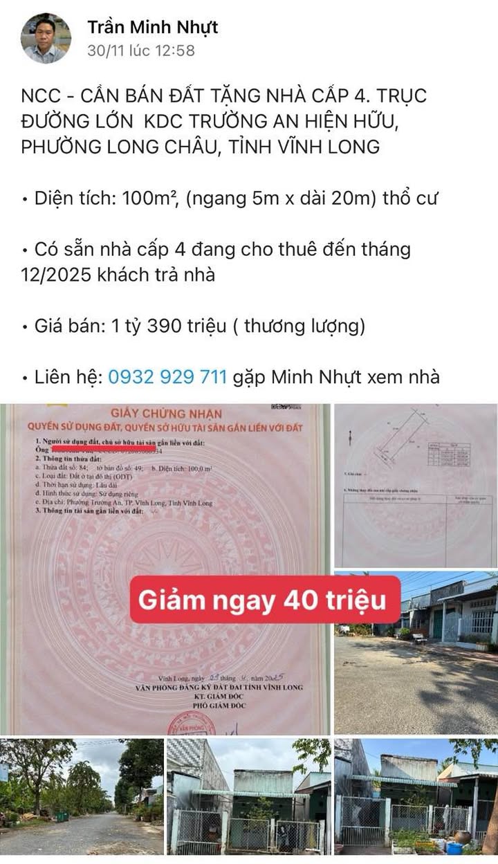 Nhà cấp 4 KDC Trường An, Vĩnh Long 100m² - Giá chỉ 1.35 tỷ, cơ hội đầu tư tuyệt vời!