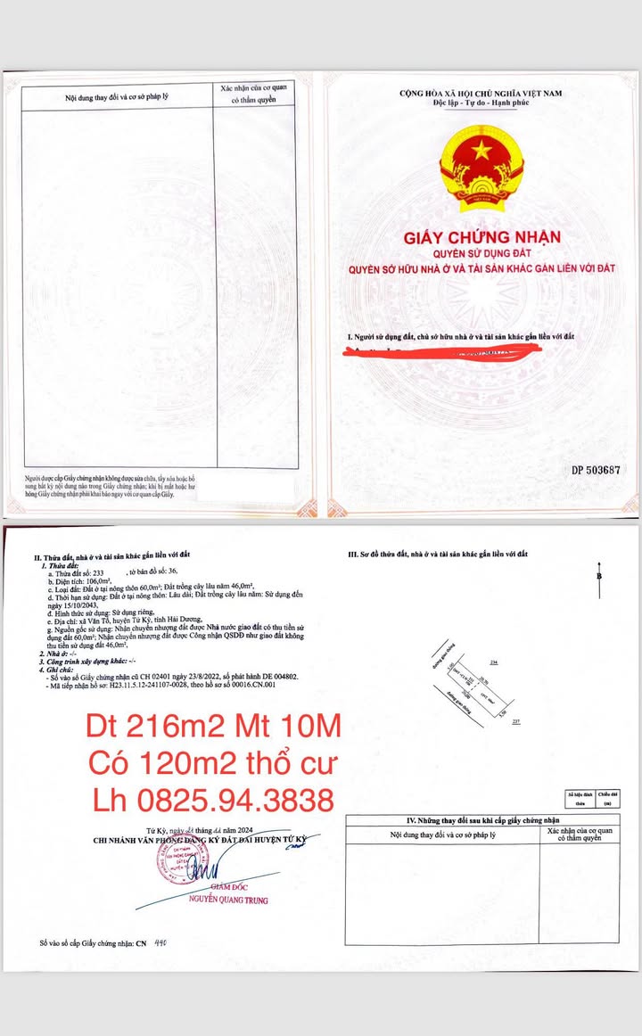 Đất nền lô góc 2 mặt tiền đường Thanh Niên, Văn Tố - Tứ Kỳ 216m² giá 3 tỷ - Cơ hội đầu tư hiếm có!
