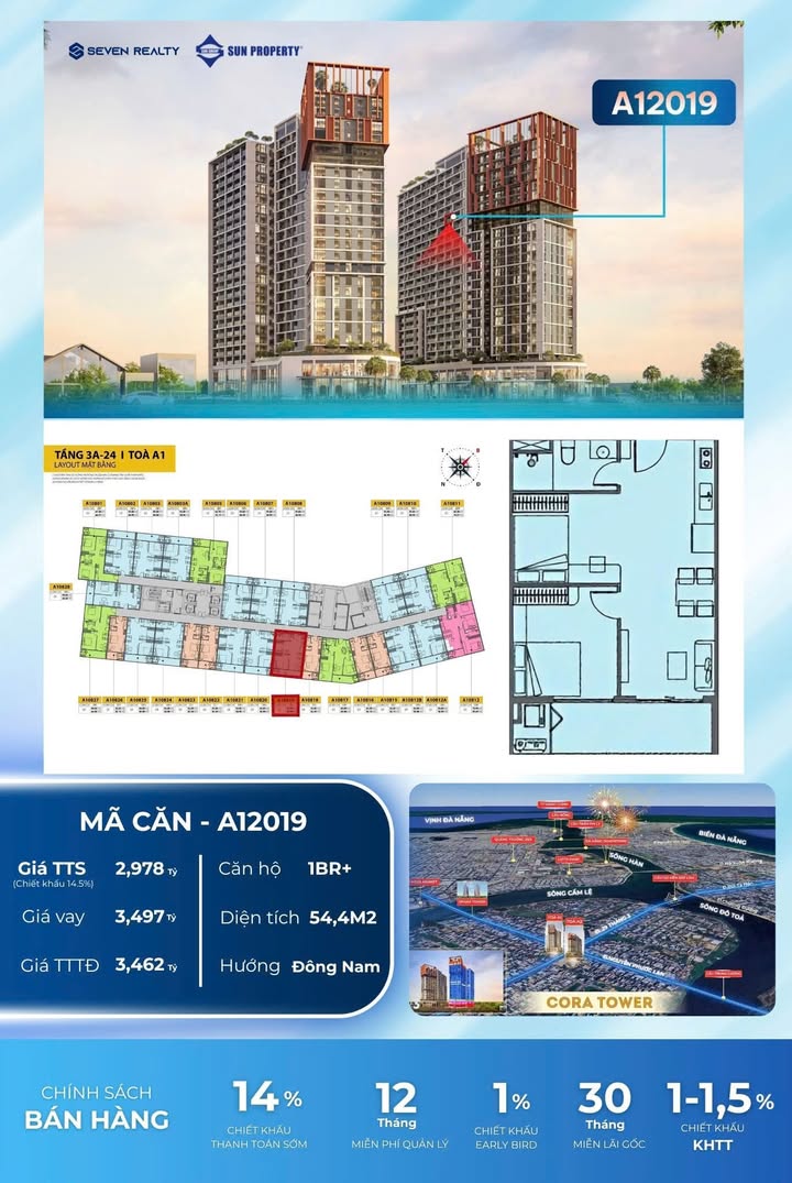Căn hộ 1 phòng ngủ Cora Tower Hòa Xuân 54.4m² giá 2.978 tỷ - Đầu tư sinh lời ngay hôm nay!