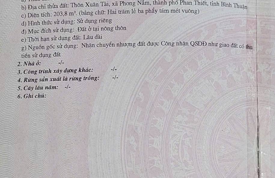 Đất thổ cư Phong Nẫm - Phan Thiết 203m² giá chỉ 1.1 tỷ - Đầu tư sinh lời!