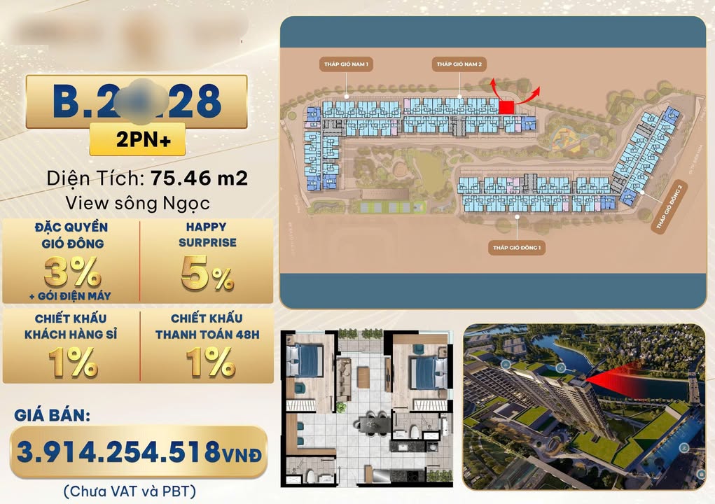 Căn hộ The Gió Riverside Dĩ An 75m² giá thỏa thuận - View siêu đẹp, góc 2PN!