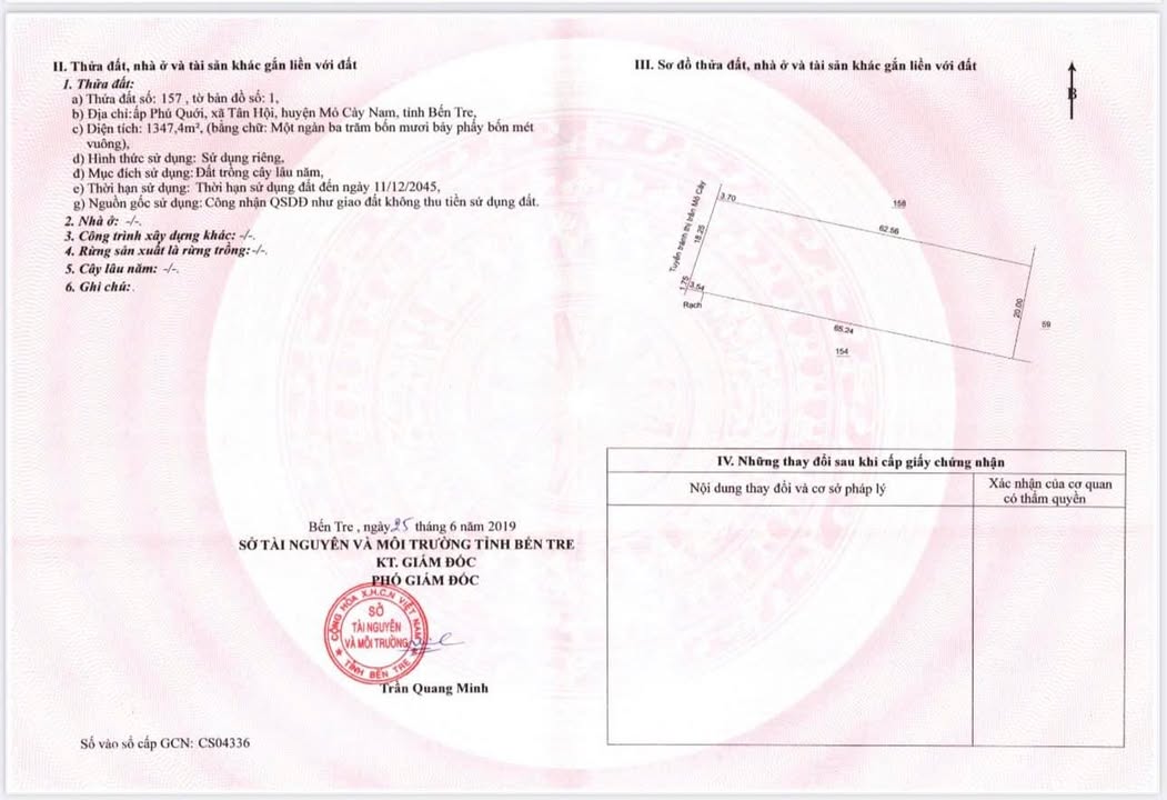 Đất nền 1347m² tại ấp Phú Quới, huyện Mỏ Cày Nam - Giá chỉ 5.39 tỷ VND!