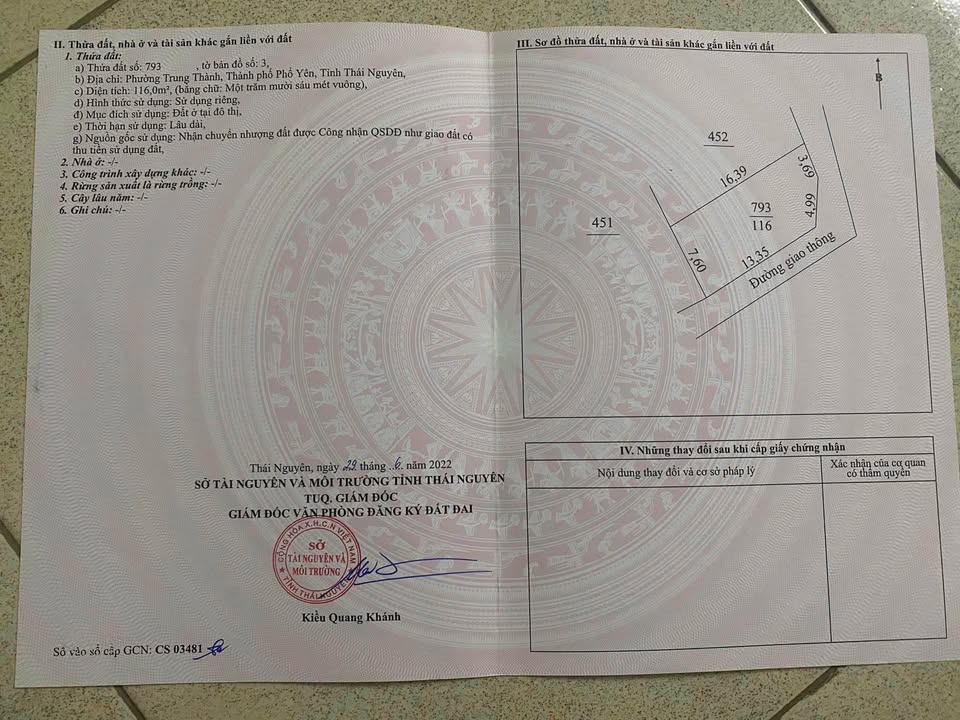 Đất thổ cư 113m² phường Trung Thành, Phổ Yên - Giá chỉ 750 triệu