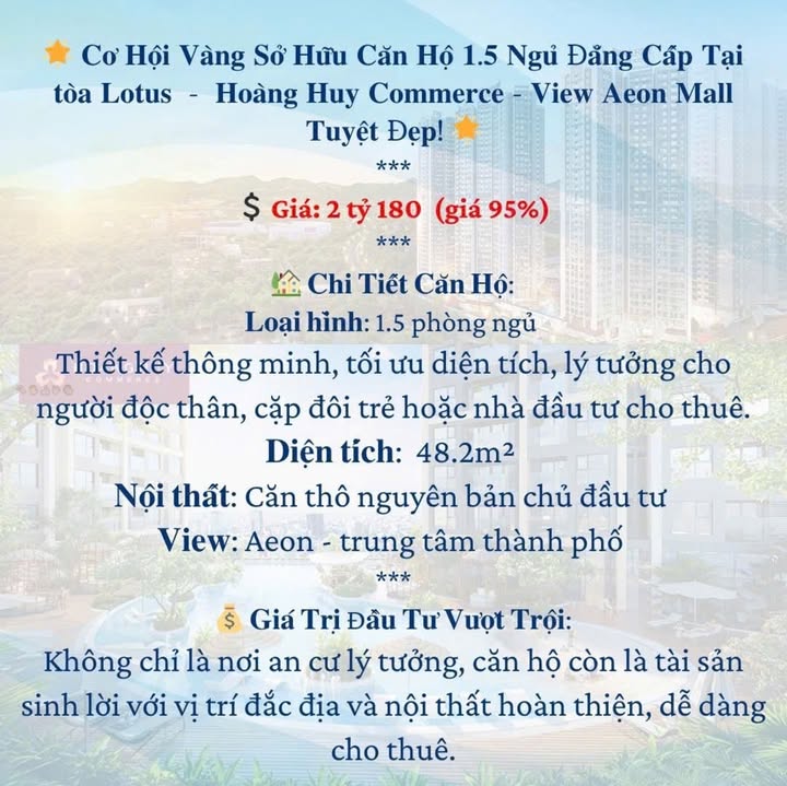 Căn hộ Hoàng Huy Commerce Hải Phòng 48.2m² giá 2.18 tỷ - An cư lý tưởng gần Aeon Mall!