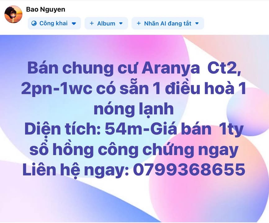 Chung cư Aranya Ct2, Huế 54m² giá 1 tỷ - Sổ hồng chính chủ, vào ở ngay!