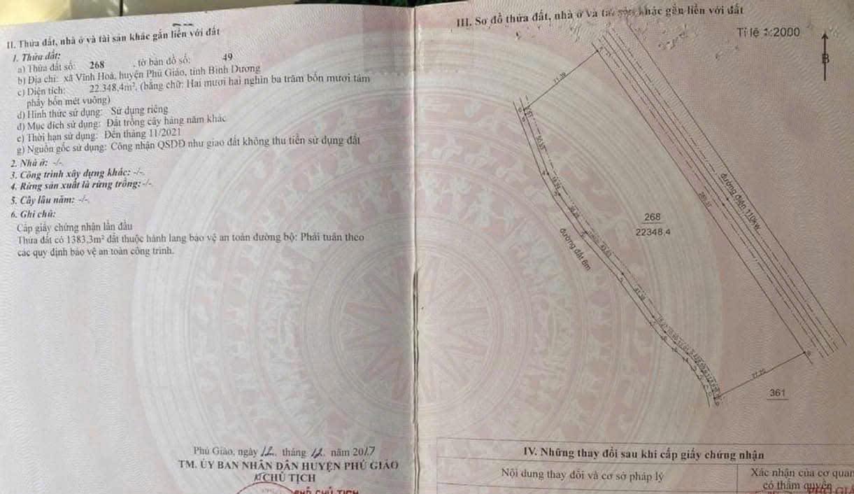 Đất nền Vĩnh Hòa, Phú Giáo 22.348m² giá 25 tỷ - Tiềm năng đầu tư lớn!