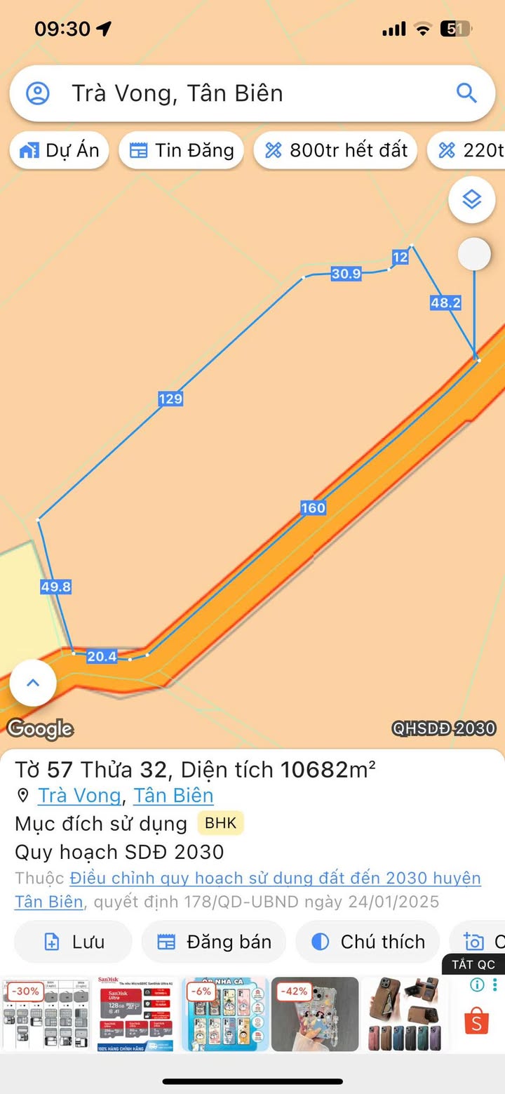 Đất 10,000m² Trà Vong, Tân Biên - Giá 2.6 tỷ, 3 mặt tiền đường ô tô