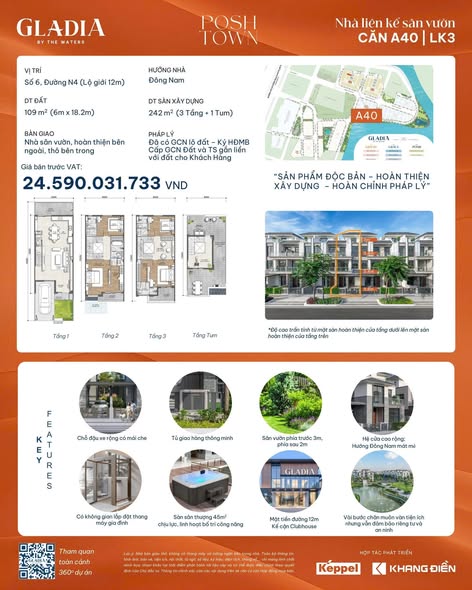 Townhouse Gladia Khang Điền Thủ Đức 109m² giá 24.6 tỷ - Nhà đẹp hiếm có ngay gần bờ sông!