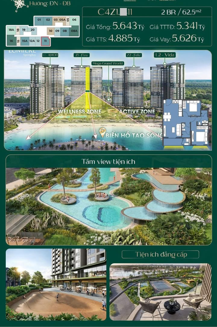 Căn hộ Lumiere Spring Bay 62.5m² giá 5.8 tỷ - Ban công Đông Nam view hồ tuyệt đẹp!