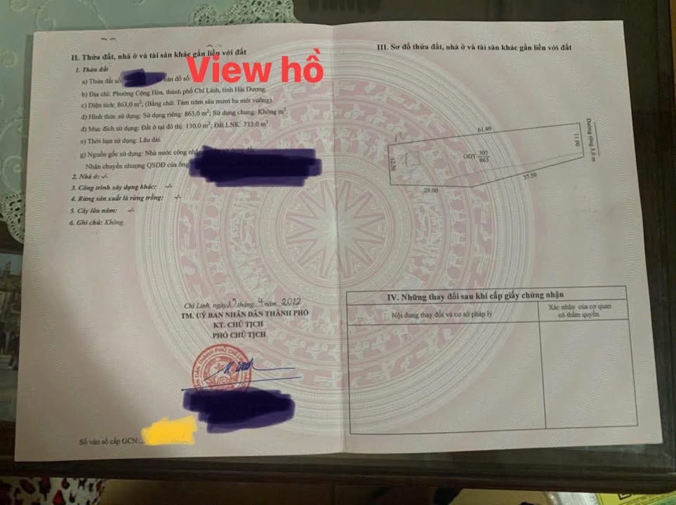 Đất nền Trần Hưng Đạo Chí Linh 863m² giá 2 tỷ - View hồ tuyệt đẹp!