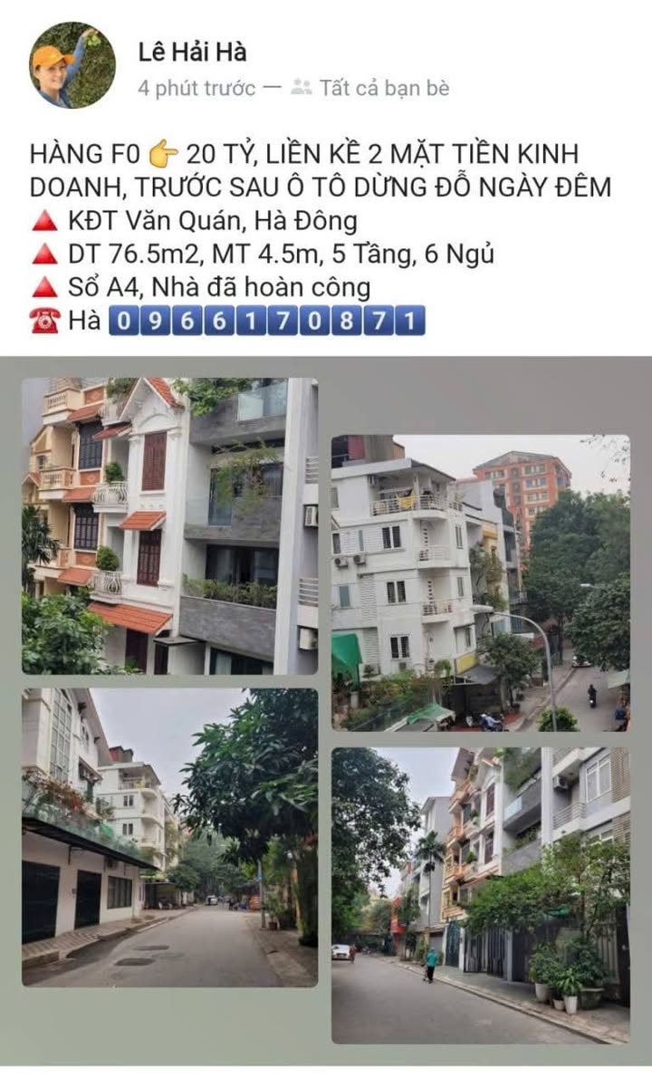 Nhà liền kề 2 mặt tiền kinh doanh KĐT Văn Quán 76.5m² giá 20 tỷ - Đầu tư sinh lời ngay!