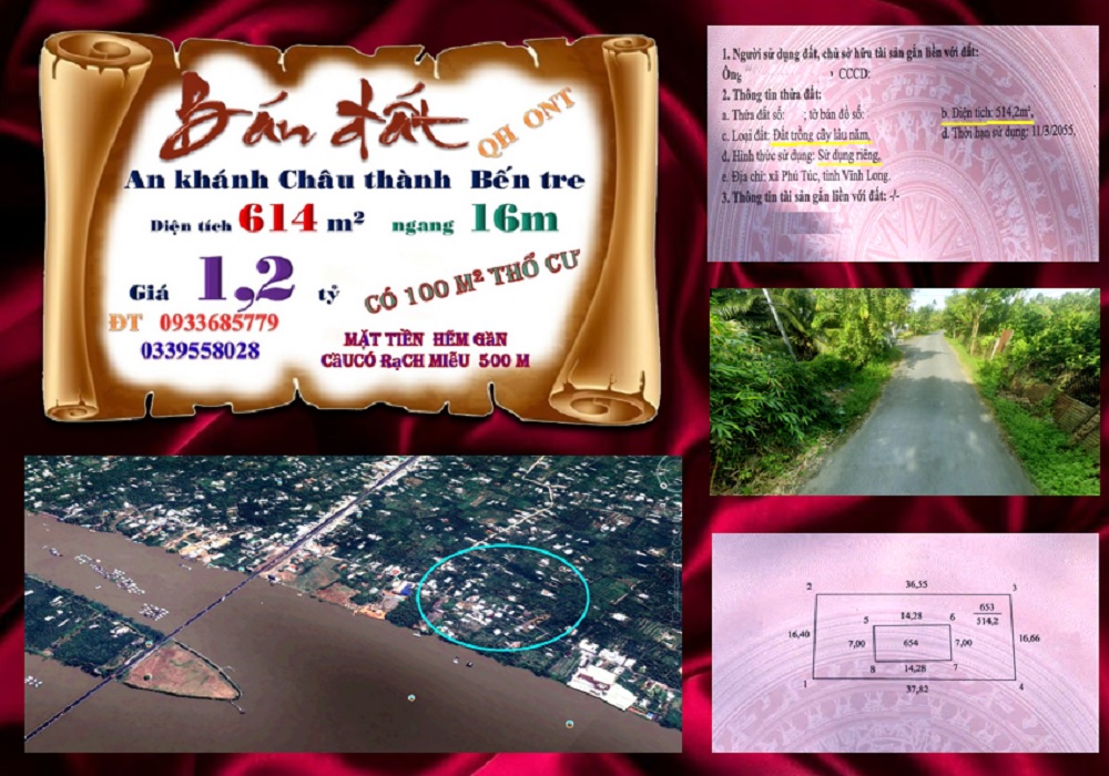 Đất nền An Khánh Châu Thành Bến Tre 614m² giá 1.2 tỷ - Cơ hội đầu tư hấp dẫn!