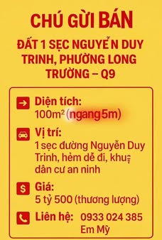 Đất nền 1 sẹc Nguyễn Duy Trinh, phường Long Trường, 100m² - Cơ hội đầu tư tuyệt vời!