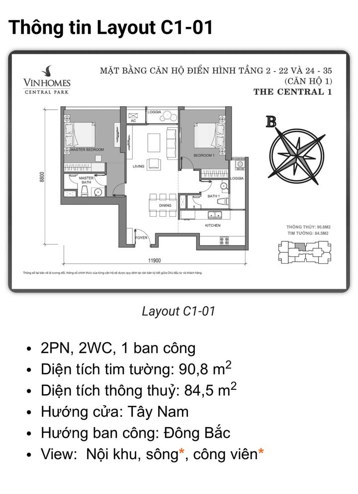 Căn hộ Central 1 Vinhomes Central Park 91m² giá 10 tỷ - View nội khu tuyệt đẹp!