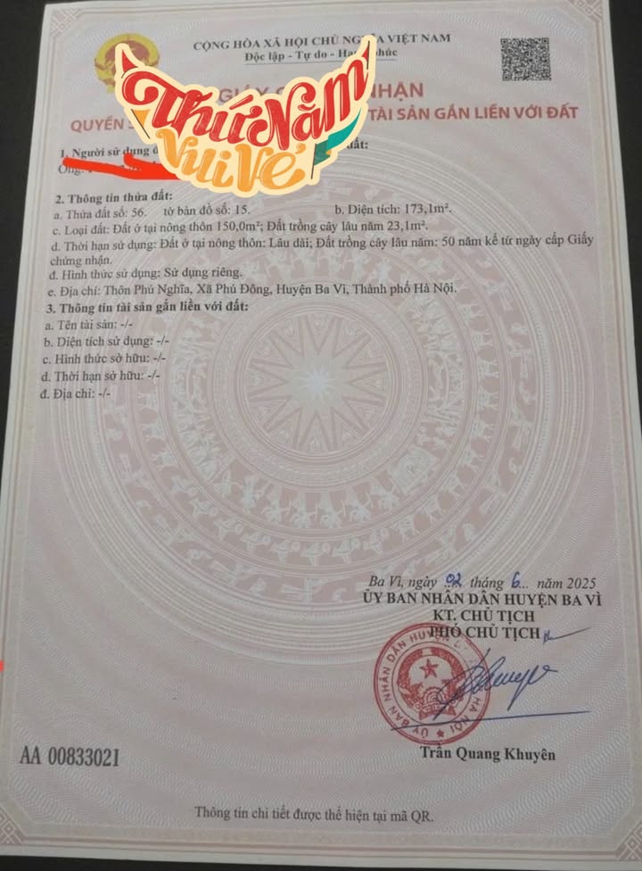 Đất nền thôn Phú Nghĩa, xã Phú Đông, Ba Vì 173m² - Giá thỏa thuận hấp dẫn!