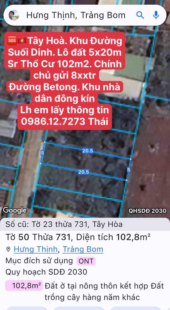 Đất thổ cư Tây Hoà 100m² giá 800 triệu - Sổ đỏ chính chủ, khu dân cư đông đúc!