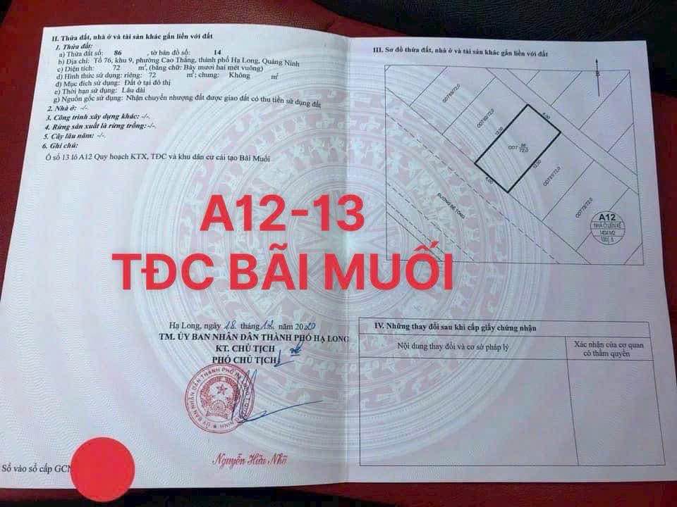 Đất nền TĐC Bãi Muối Cao Thắng 72m² giá 3 tỷ - Vị trí đẹp ngay mặt đường lớn!