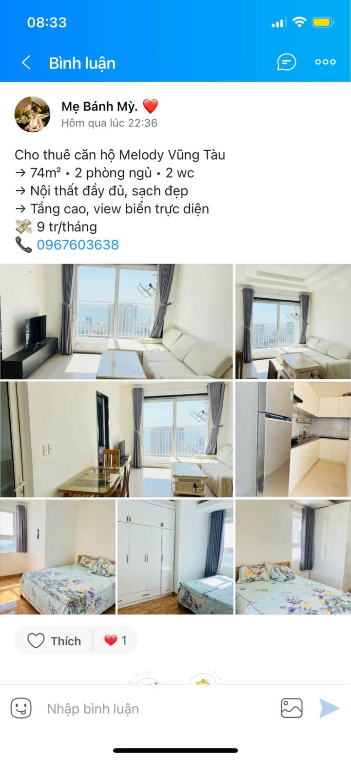 Căn hộ Melody Vũng Tàu 74m² giá 9 triệu - View biển tuyệt đẹp!