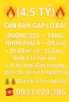 Lô đất Tăng Nhơn Phú A, Q9 - 62m² giá 4,5 tỷ - Sổ hồng chính chủ!