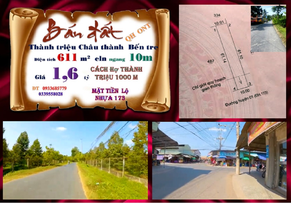 Đất mặt tiền đường 173 xã Thành Triệu - Diện tích 611m², giá 1.6 tỷ - Cơ hội đầu tư hấp dẫn!