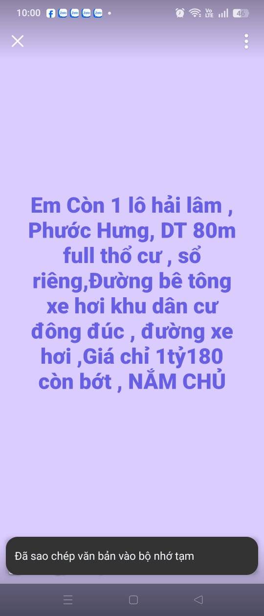 Đất thổ cư Phước Hưng, Long Điền 80m² giá 1.18 tỷ - Sổ đỏ chính chủ, giá tốt!