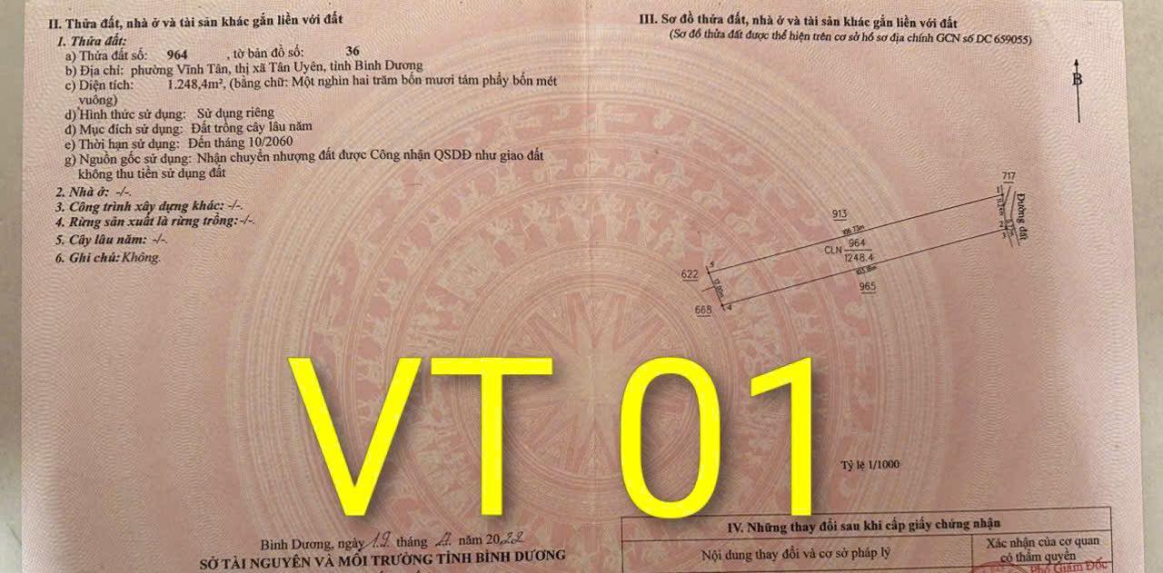 Đất Vĩnh Tân, Tân Uyên 1248m² giá 2.5 tỷ - Cơ hội đầu tư tuyệt vời!
