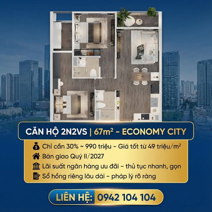 Căn hộ 2PN Economy City Như Quỳnh 67m² giá 3.283 tỷ - Cơ hội đầu tư hấp dẫn!