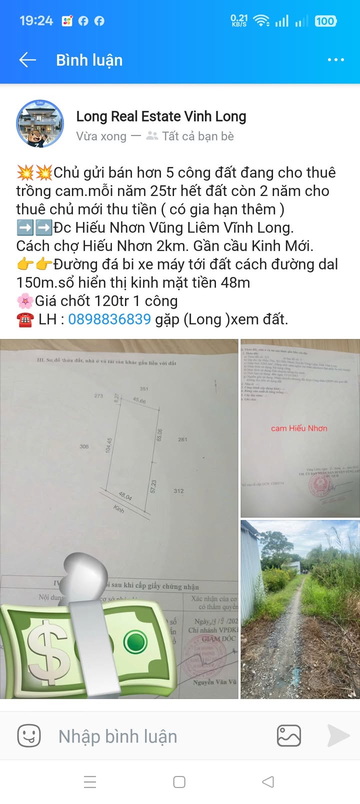 Đất trồng cam Hiếu Nhơn Vĩnh Long 5 công giá 720 triệu - Đầu tư sinh lời ngay!