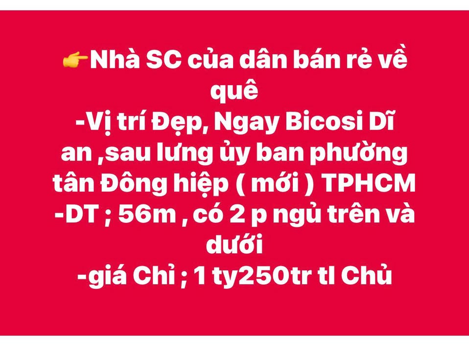 Nhà bán Dĩ An 56m² giá 1.25 tỷ - Vị trí đẹp gần Bicosi!
