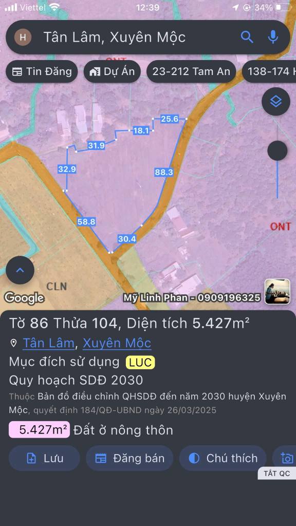 Đất nền 2 mặt tiền xã Tân Lâm, Xuyên Mộc, 5427m² - Giá chỉ 8.764 tỷ VND