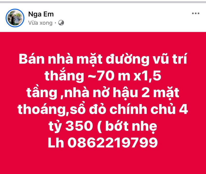 Nhà mặt đường Vũ Trí Thắng 70m² giá 4.35 tỷ - Chính chủ, nở hậu, hai mặt thoáng!