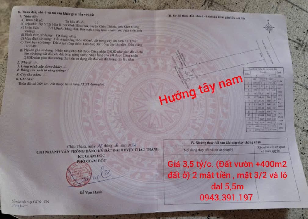 Đất mặt tiền đường 3/2 nối dài xã Vĩnh Hòa Phú 7.712m² - Chính chủ bán gấp!