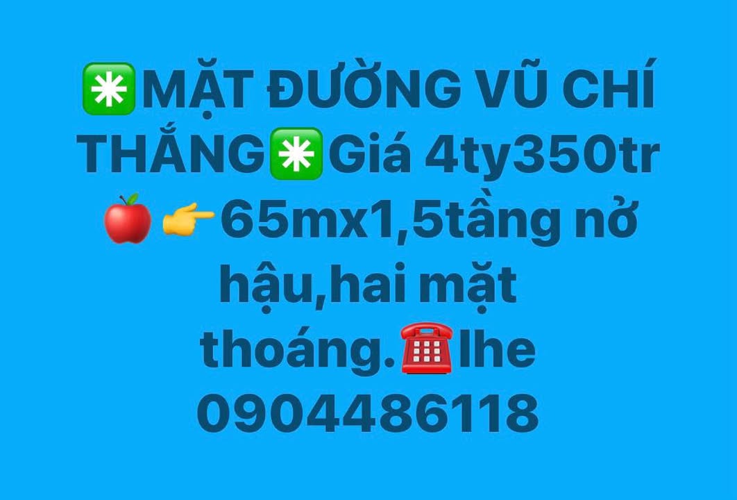 Bán gấp FrontHouse mặt đường Vũ Chí Thắng 65m² giá 4.35 tỷ - Đầu tư sinh lời ngay!