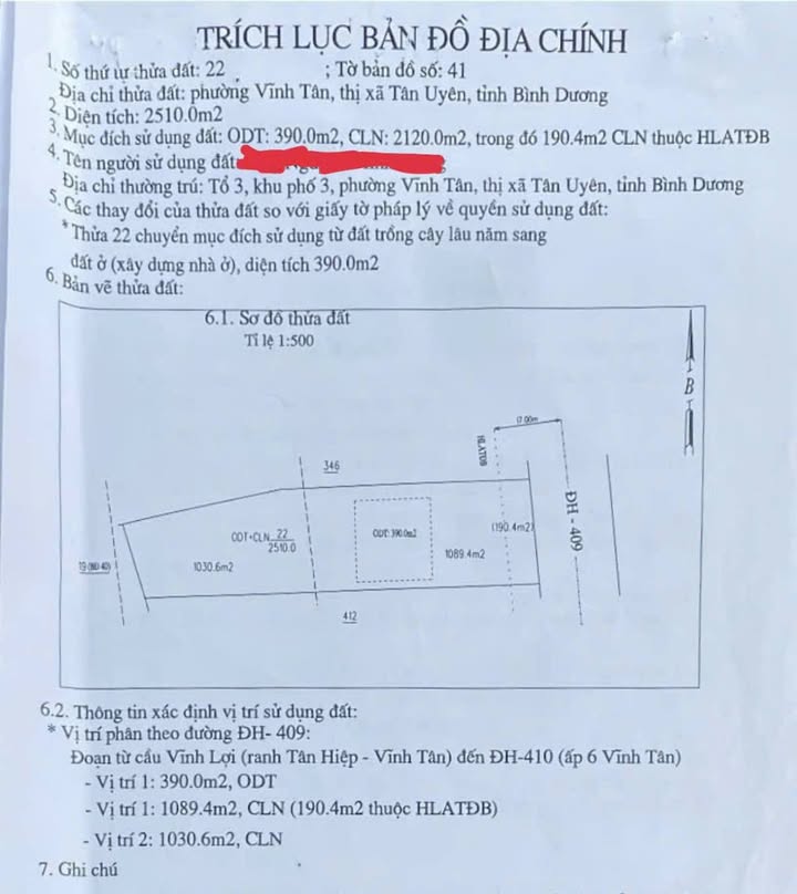 Đất thổ cư Vĩnh Tân, Tân Uyên 2510m² giá 14.5 tỷ - Đầu tư sinh lời ngay!