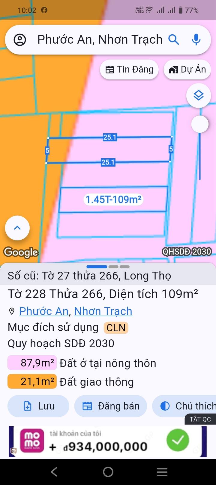 Đất nền 109m² tại Ấp 3 Long Thọ Nhơn Trạch - Sổ đỏ chính chủ, giá đầu tư chỉ 1 tỷ!
