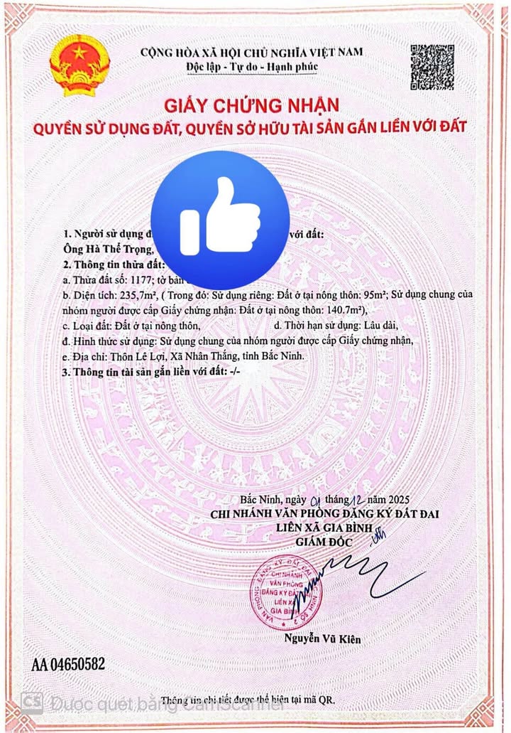 Đất nền thôn Lê Lợi - Nhân Thắng 95m² giá 2 tỷ - Cần bán gấp chính chủ!