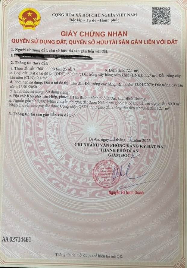 Đất mặt tiền đường nhựa 7m Tân Bình Dĩ An 72m² giá 2.45 tỷ - Cơ hội đầu tư tốt!