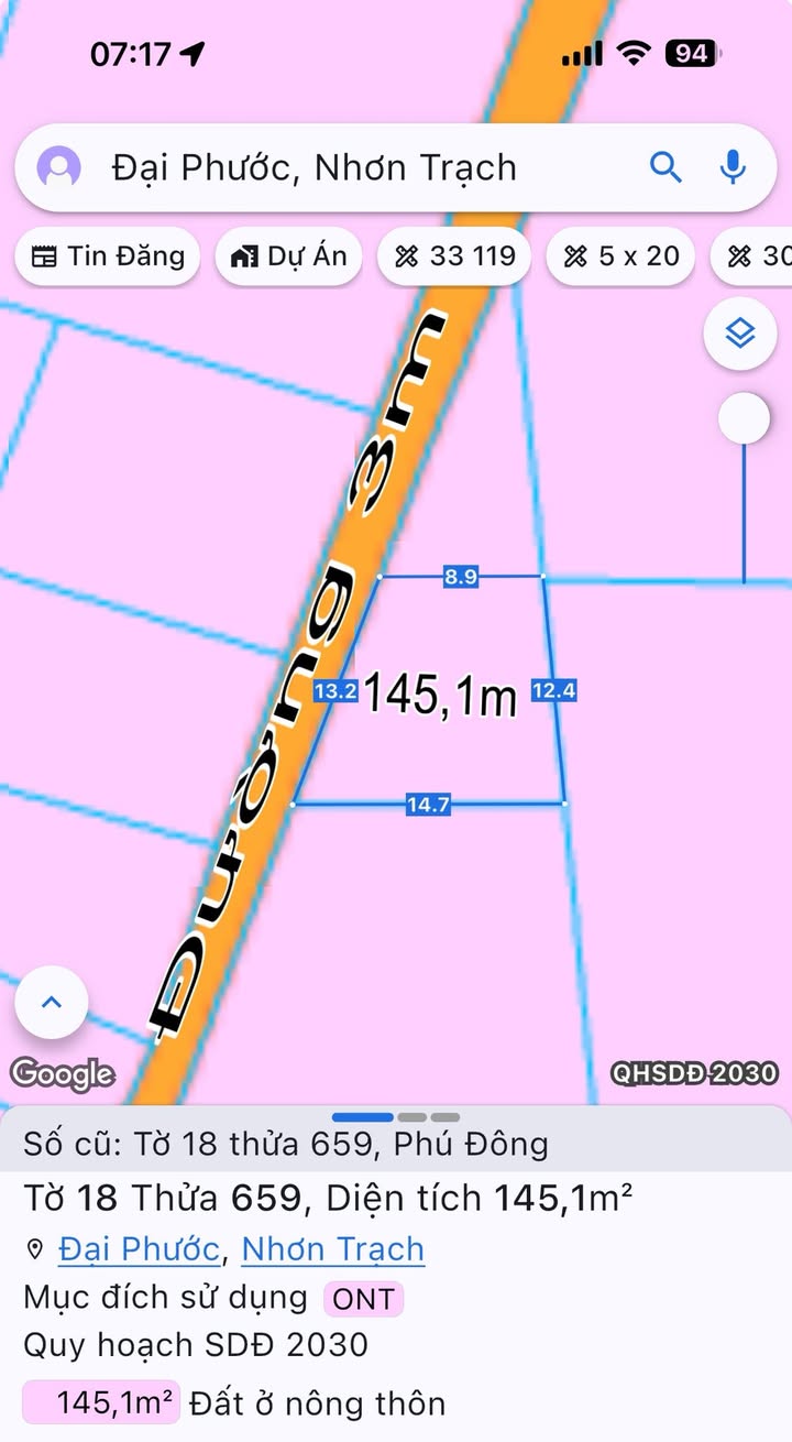 Đất nền Đại Phước Nhơn Trạch 145m² giá 1.95 tỷ - Sổ hồng đầy đủ, xây dựng tự do!
