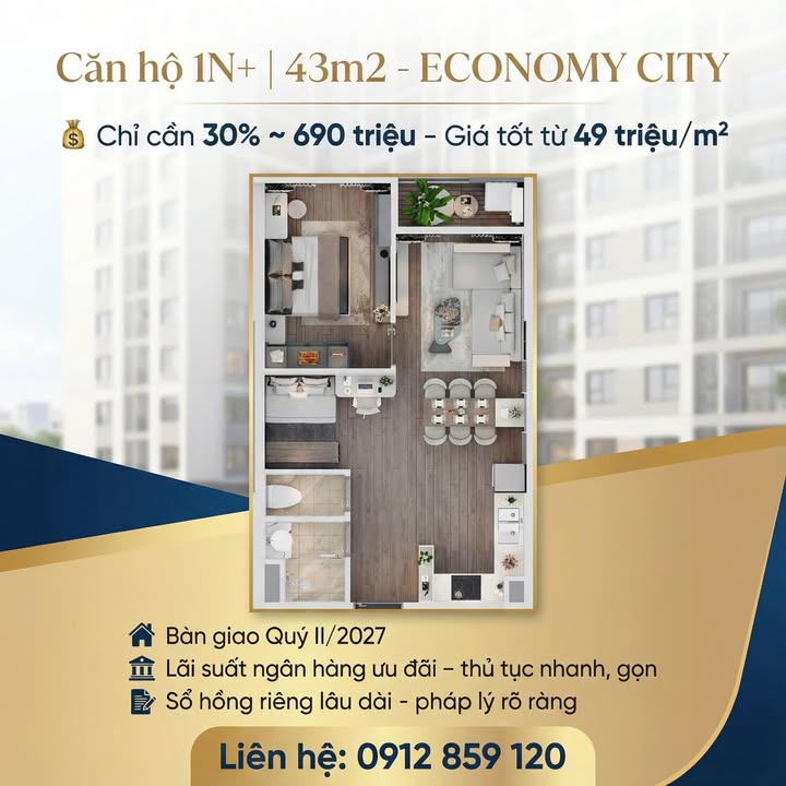 Căn hộ 1 phòng ngủ Economy City 43m² giá 690 triệu - Cơ hội đầu tư hiếm có!