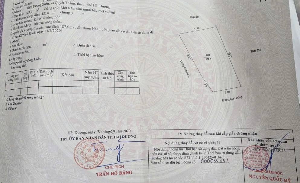 Đất nền lô góc tại xã Quyết Thắng, TP Hải Dương 187m² giá 1.87 tỷ - Đầu tư sinh lời ngay!