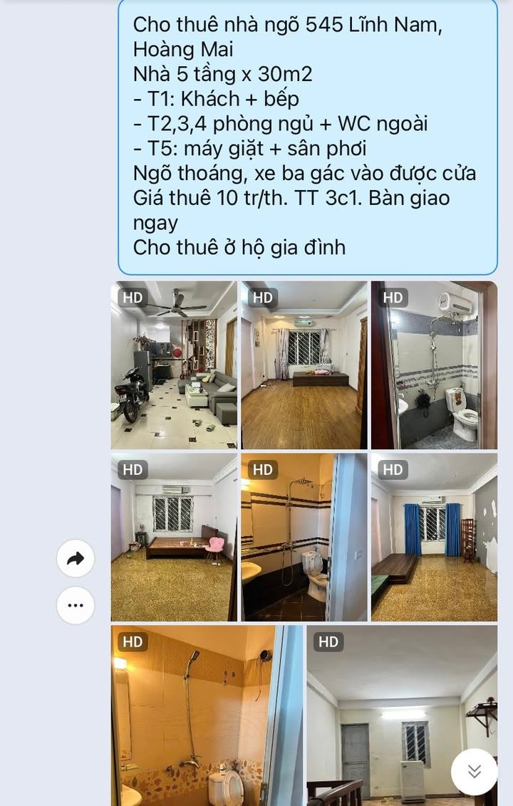 Nhà cho thuê 5 tầng 3 phòng ngủ full đồ tại Lĩnh Nam, Hoàng Mai - Giá 10 triệu/tháng